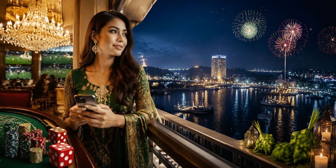 Permainan dadu bergaya Malaysia semasa Hari Raya dengan suasana ceria dan penuh warna